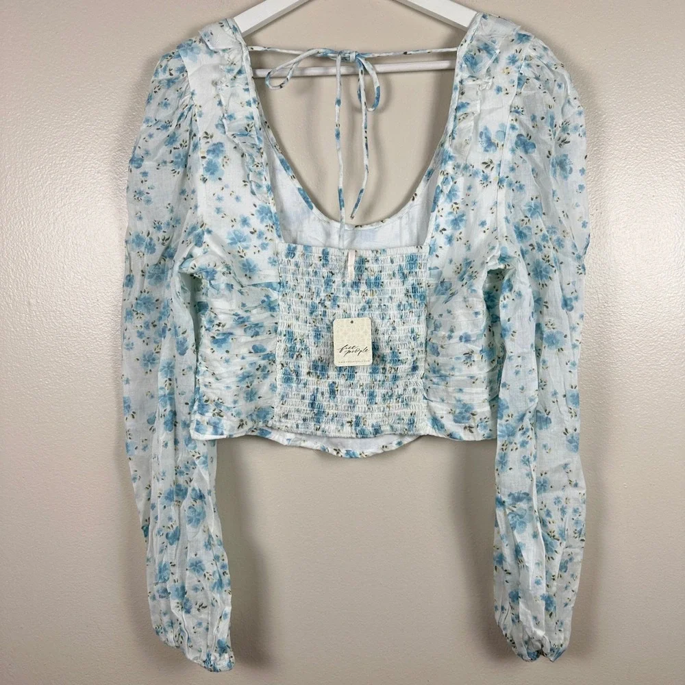Free People Women's Large Crop Top Blue Floral Smocked Back Ruffle OB1612127